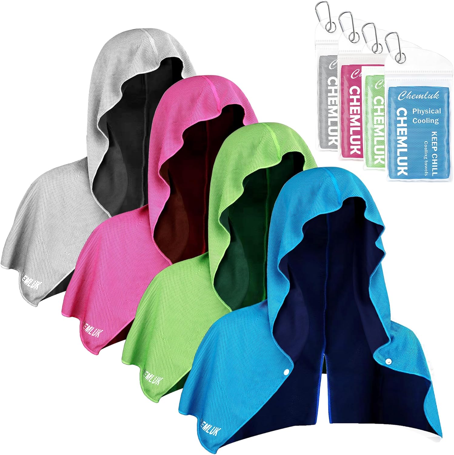 Cooling Hoodie Towel: Cooling Towels for Neck and Face, Instant Cool, UPF 50 Sun Protection, Cool Towel for Hot Weather, Great for Sports, Gym, Golf, Camping - 4 Packs