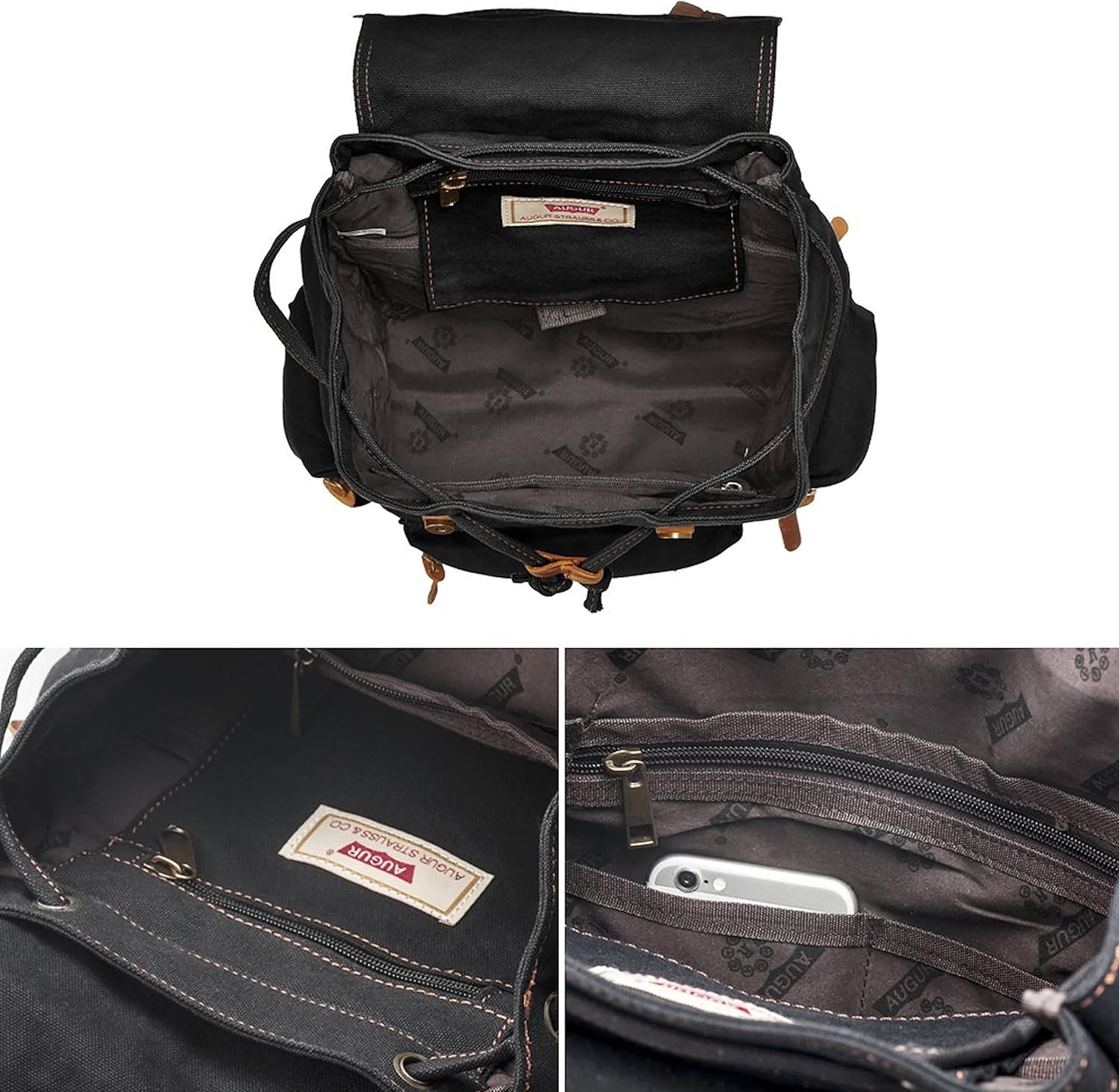 HuaChen Vintage Canvas Travel Backpack with Leather Trim, Laptop Padded Sleeve, Hidden Back Security Pocket, Fits 14-Inch, M32 Black