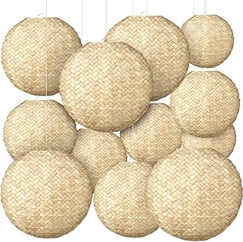 6-Pack Burlap Print Paper Lanterns - 8 Inch Round Chinese Hanging Lanterns For Party Decor