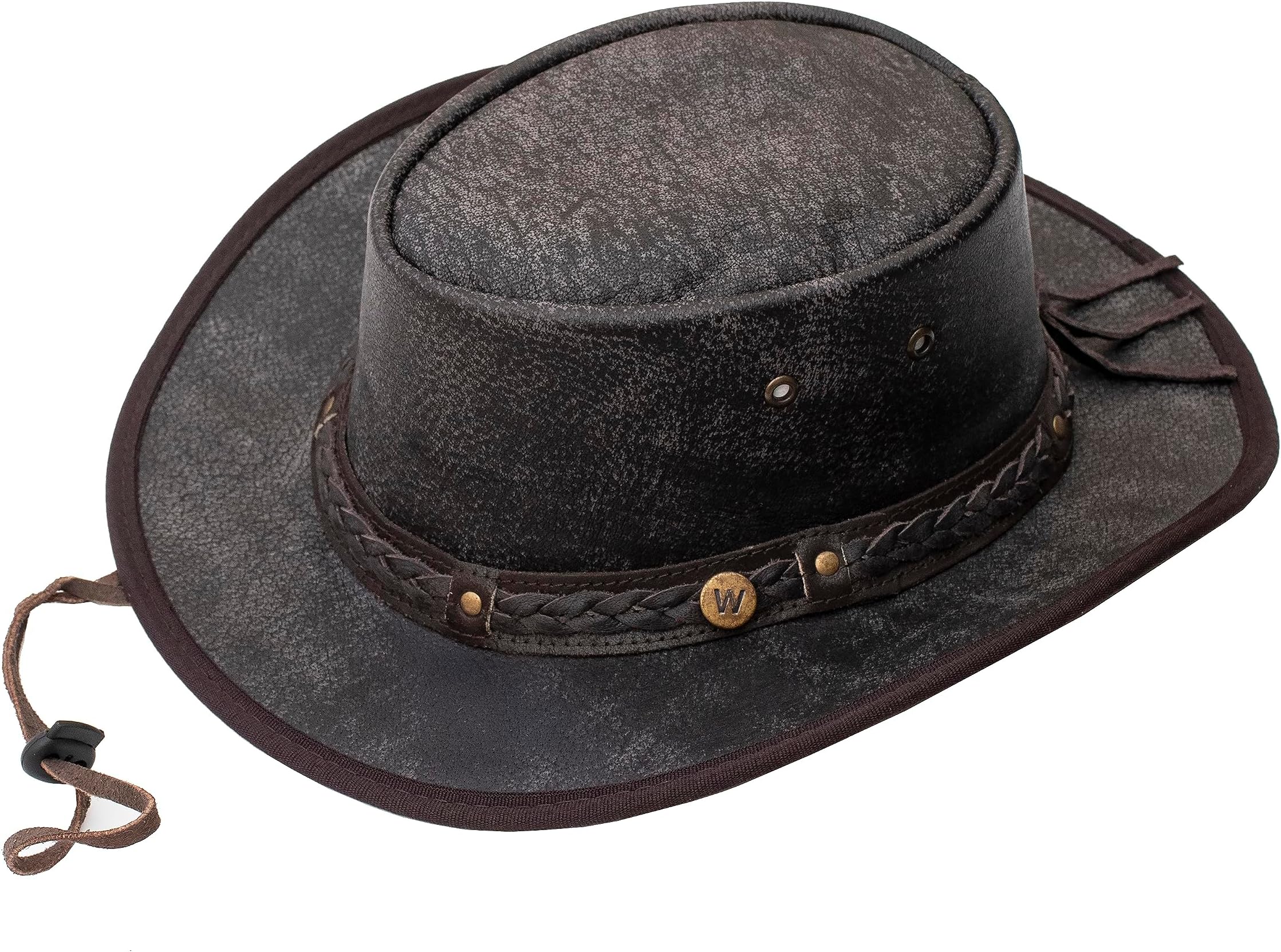 wombat leather Cowboy Hat – Distressed Dark Brown Full-Grain Leather, UV50+ Protection, Water-Resistant, Australian Bush Hats Foldable & Packable | Outdoor Hiking, Travel, Western Style Hat