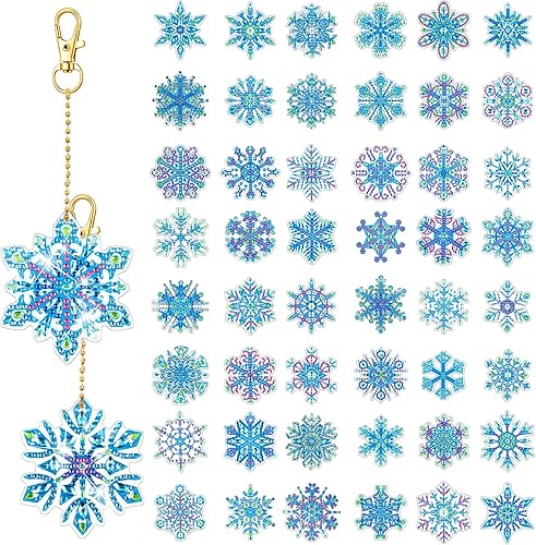Equsion Juego de 50 llaveros de pintura de diamante de copo de nieve de invierno de doble cara para Navidad 5D DIY Diamond Art Llaveros colgantes de