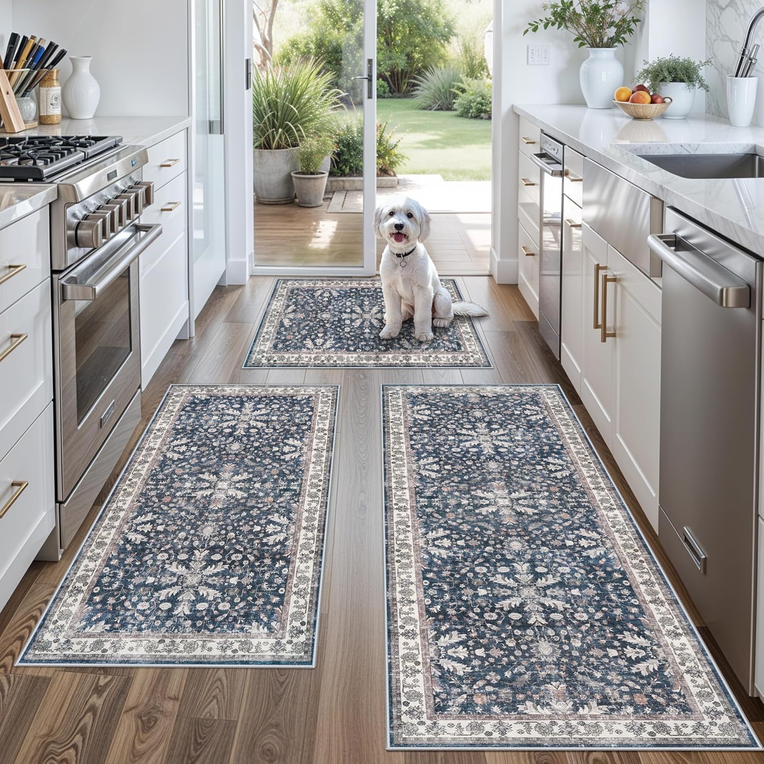 Kitchen Rug Sets 3 Piece Non Skid – Washable Small Kitchen Rugs and Runner Set for Sink Entryway Bathroom Hallway – Soft Low Pile Floor Mats (Blue,2x3,2x4,2x5)