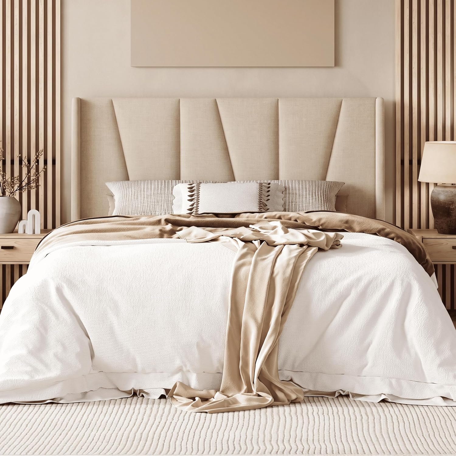 Allewie Queen Size Platform Linen Bed Frame with Headboard, Beige