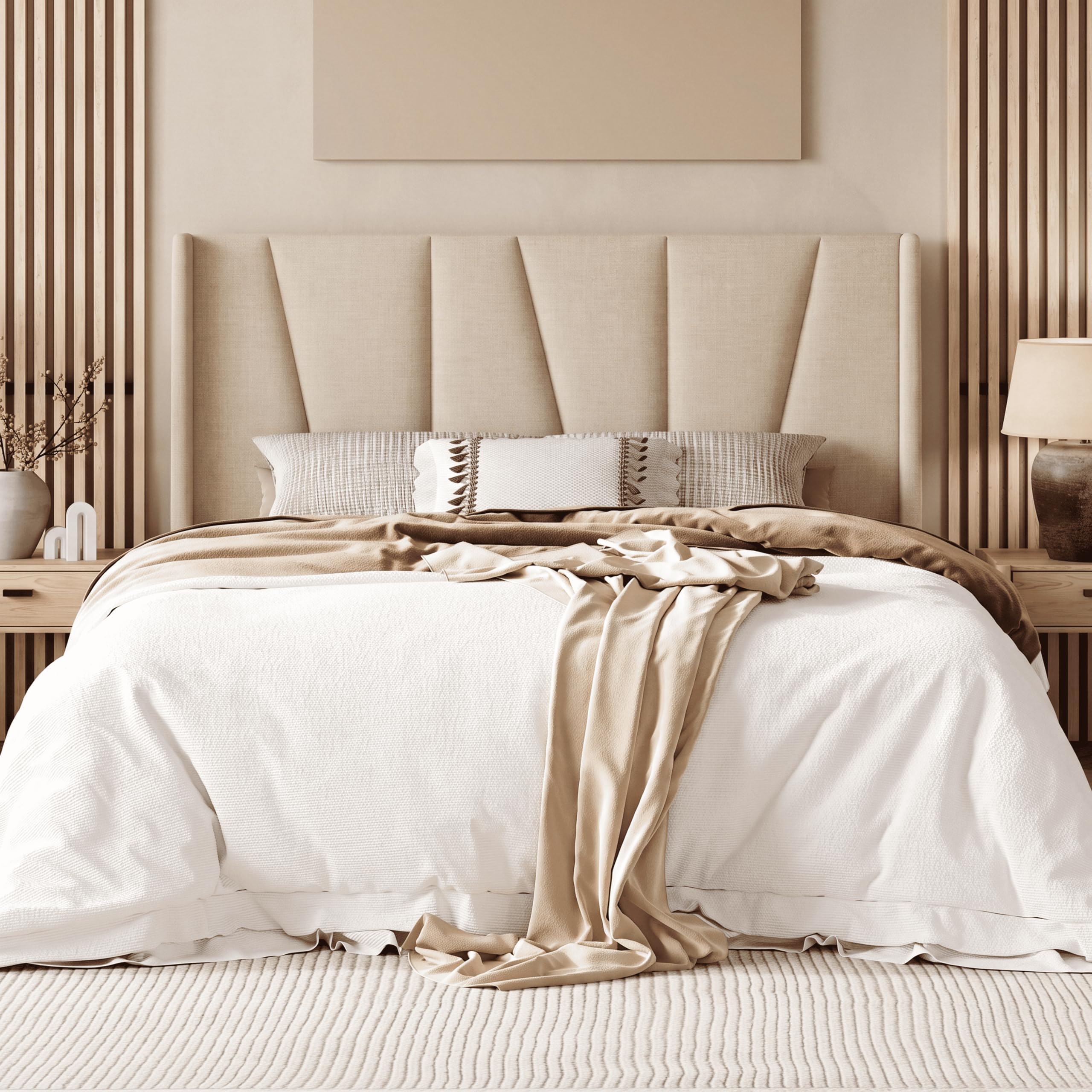 Allewie Queen Size Platform Velvet Bed Frame with Headboard, Beige