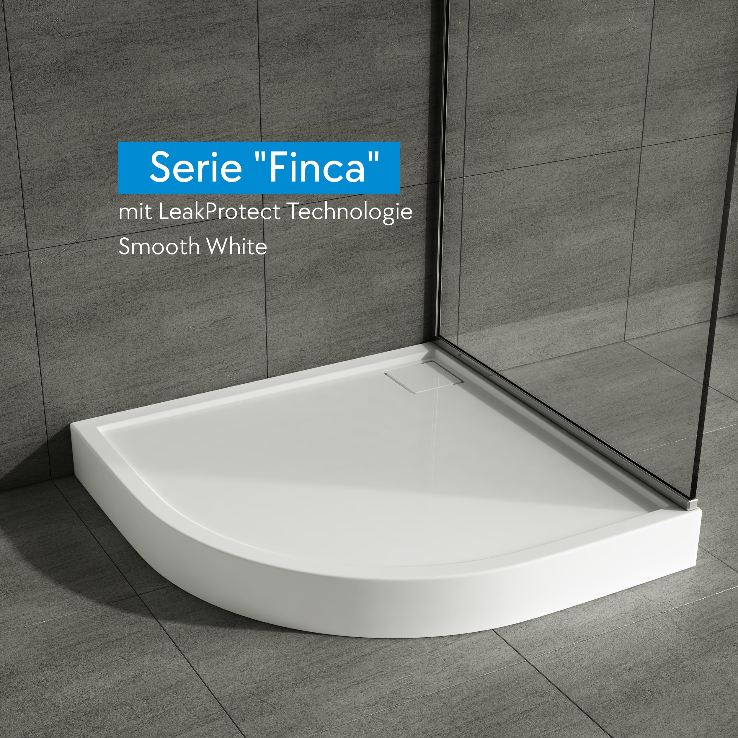 AQUABAD Duschwanne/Duschtasse | Komplettset Finca mit LeakProtect Technologie Smooth White 90x90cm R55 Viertelkreis | inkl. Ablaufgarnitur/Siphon