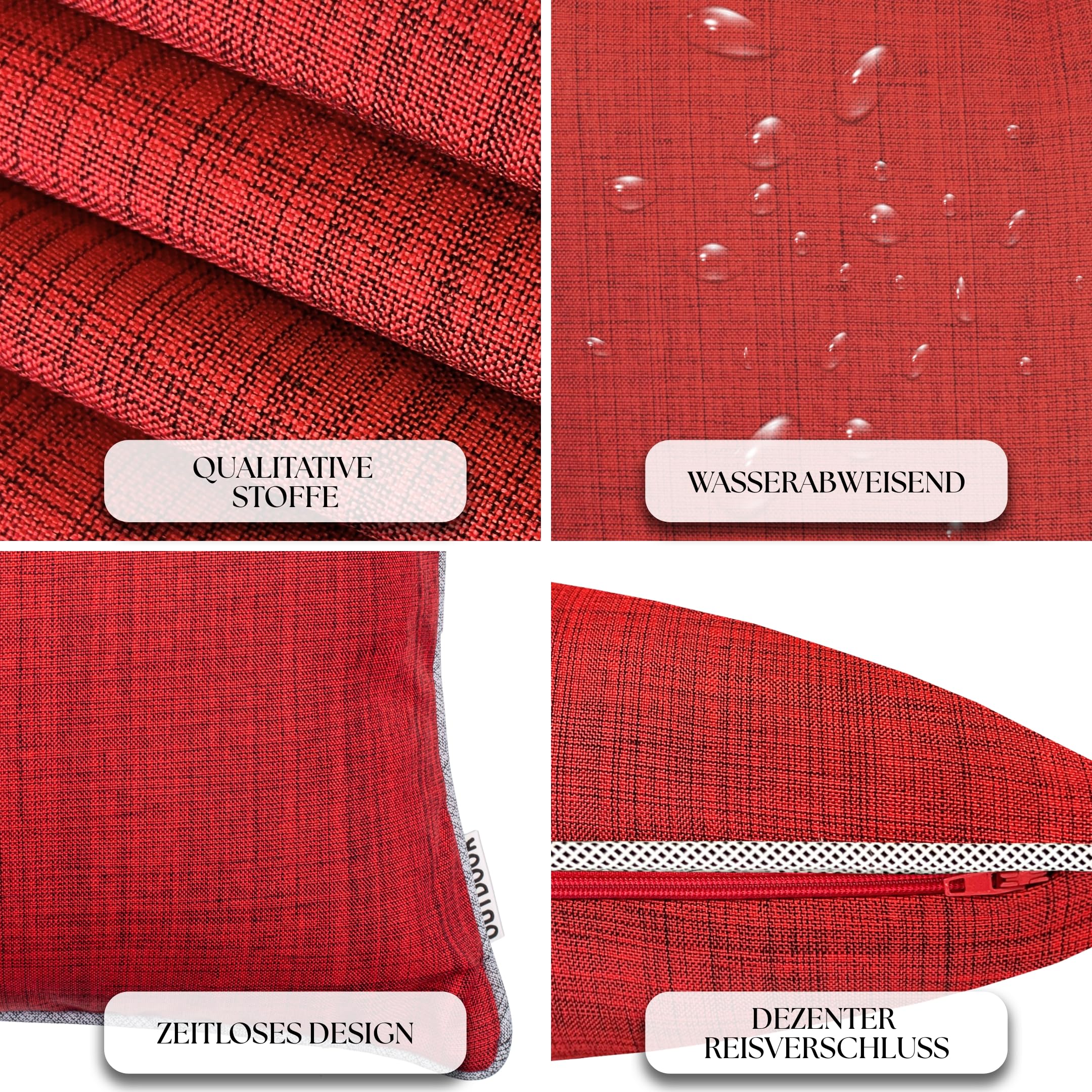Brandsseller Lot de 4 Coussins d’extérieur 45x45x cm – Coussins décoratifs imperméables avec Passepoil en aspect Lin – Résistants aux intempéries pour Jardin, Balcon, Terrasse et Canapé - Rouge