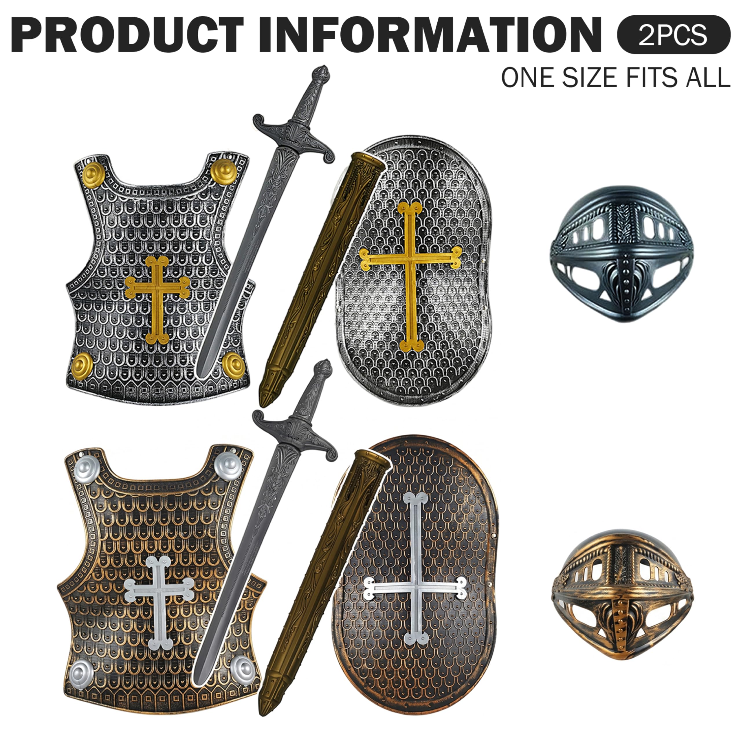 Costume da cavaliere per bambini, 2 set, kit armatura, casco da cavaliere, sistema operativo nero