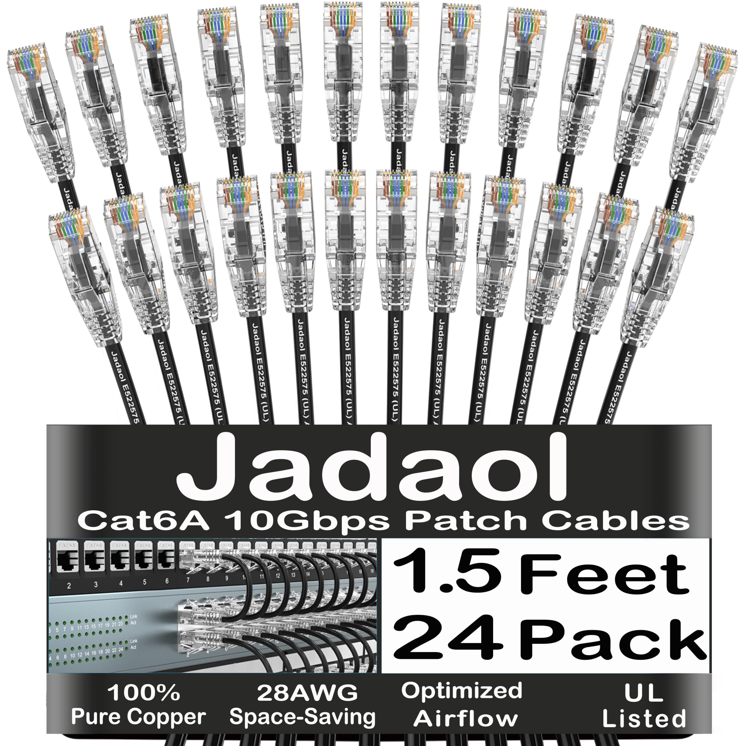 Jadaol [UL 등록] Cat6A 패치 케이블 0.5m(1.5피트) (24팩), 10Gbps 550MHz 슬림 Cat 6A 이더넷 패치 케이블, 패치 패널, 스위치, 서버 랙, 데이터 센터용 Snagless Cat6 패치 케이블 - 블랙