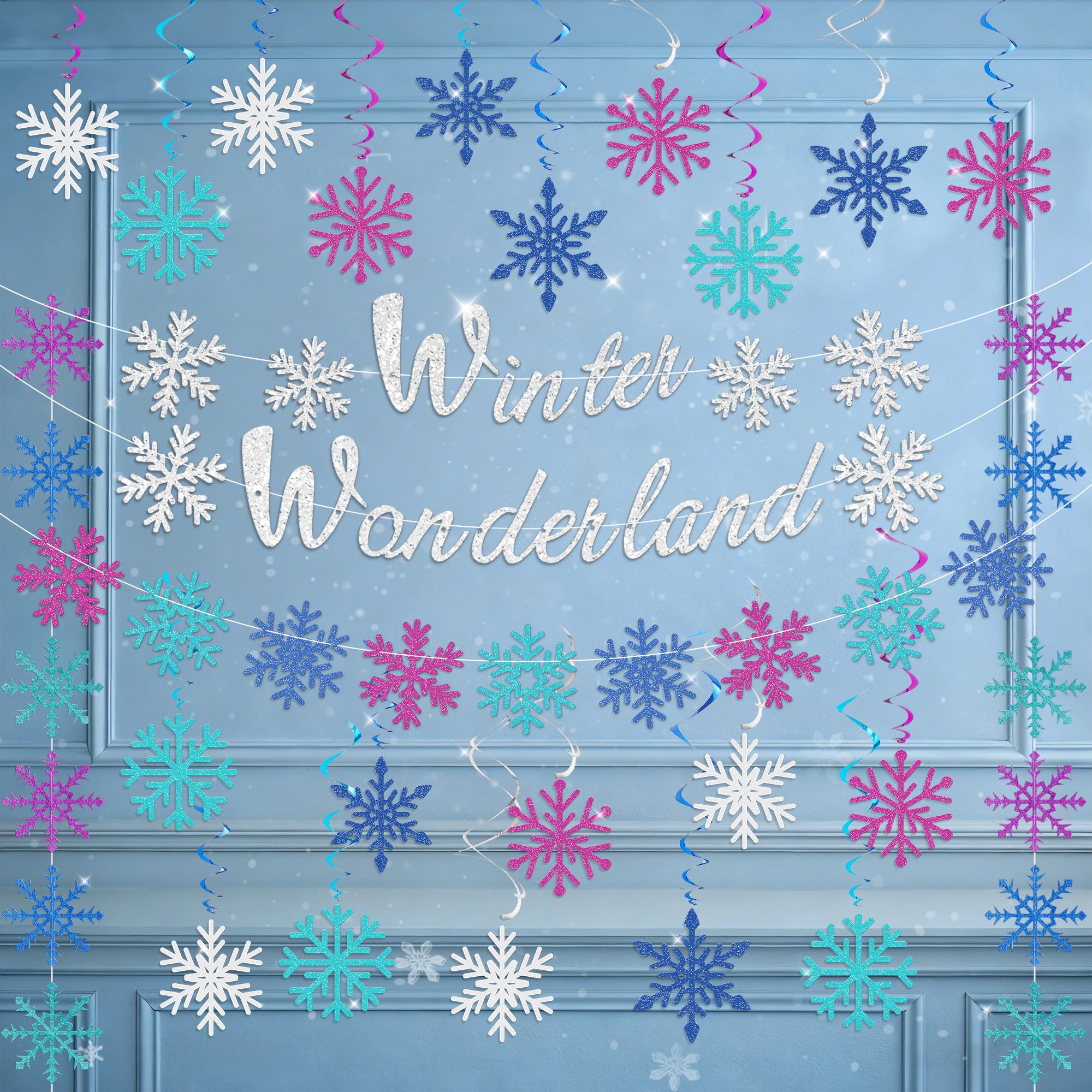 78pcs Winter Wonderland Decorations Kit, Glittery Snowflake Hanging Swirls Garland, Banner & Flag for WinterTheme Christmas Party, Birthday, Baby