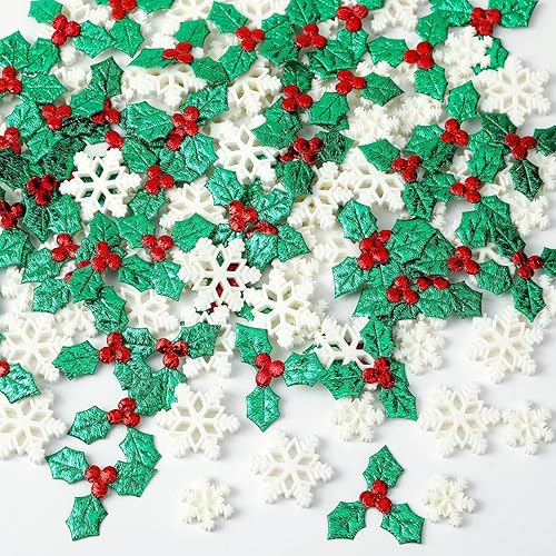 JUNEBRUSHS 120 Piezas de Decoraciones Navideñas de Resina en Miniatura, Mini Copos de Nieve de Resina Hojas de Acebo Bayas, Adorno Navideño
