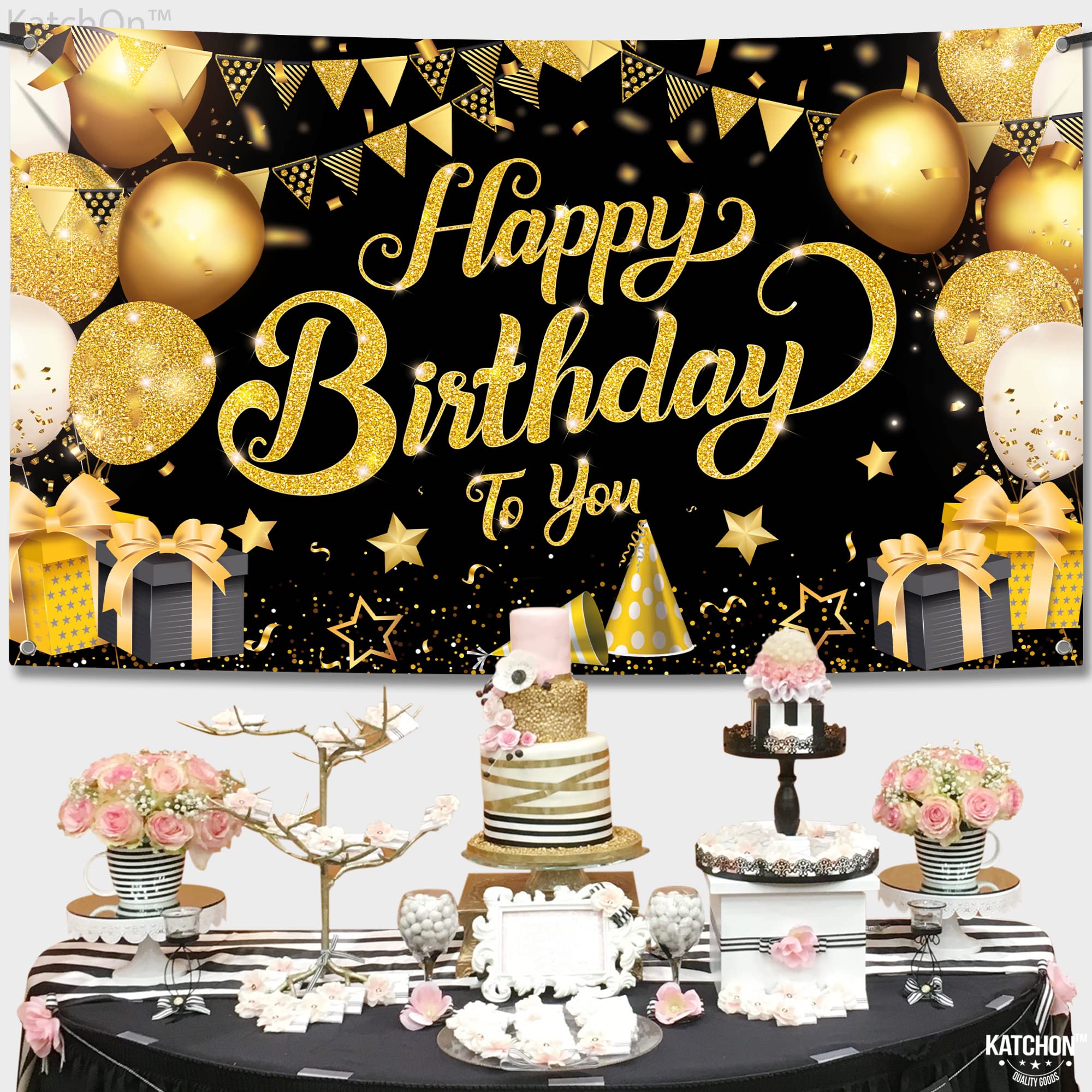 KatchO Schwarz-goldenes „Happy-Birthday“-Banner/Schild, Hintergrundbanner für „Happy-Birthday“-Dekorationen, Partydekorationen für Männer und Frauen, XL, 182,9 x 111,8 cm