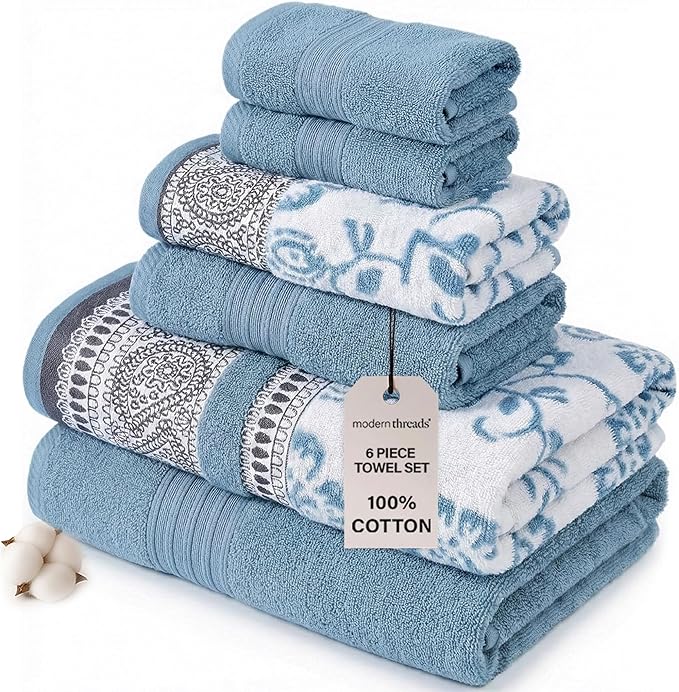 Modern Threads 6 Piece Set, 2 Bath Towels, 2 Hand Towels, 2 Washcloths Yarn Dyed Jacquard/Solid Towel Set Ophelia Blue