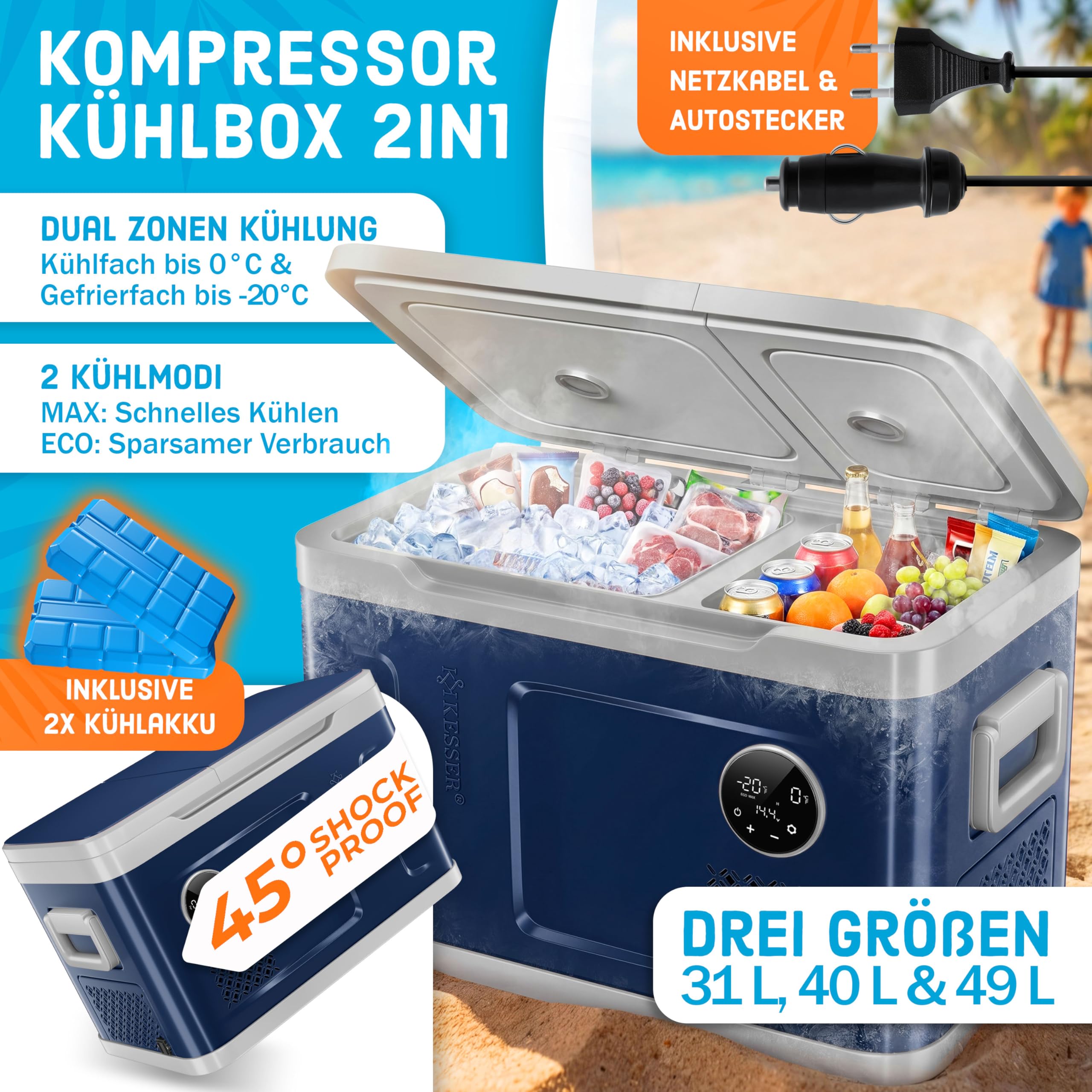 Kesser® 2 in 1 Refrigeratore Freezer Eletrico - 49L Capacità - Dettaglio