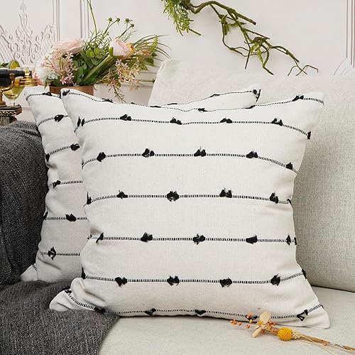 YOUR SMILE Juego de 2 fundas de almohada decorativas de lino, con textura, estilo bohemio, con puntadas, de hilo teñido, a rayas, para sofá, sala de