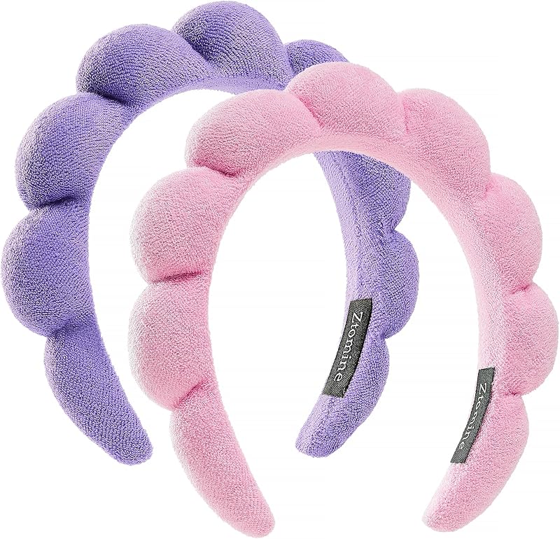 Spa Facial Headbands Combo Pack - 2 Terry Cloth Makeup Headbands for Face Washing, Masks, and Skin Treatments (Pink + Purple)