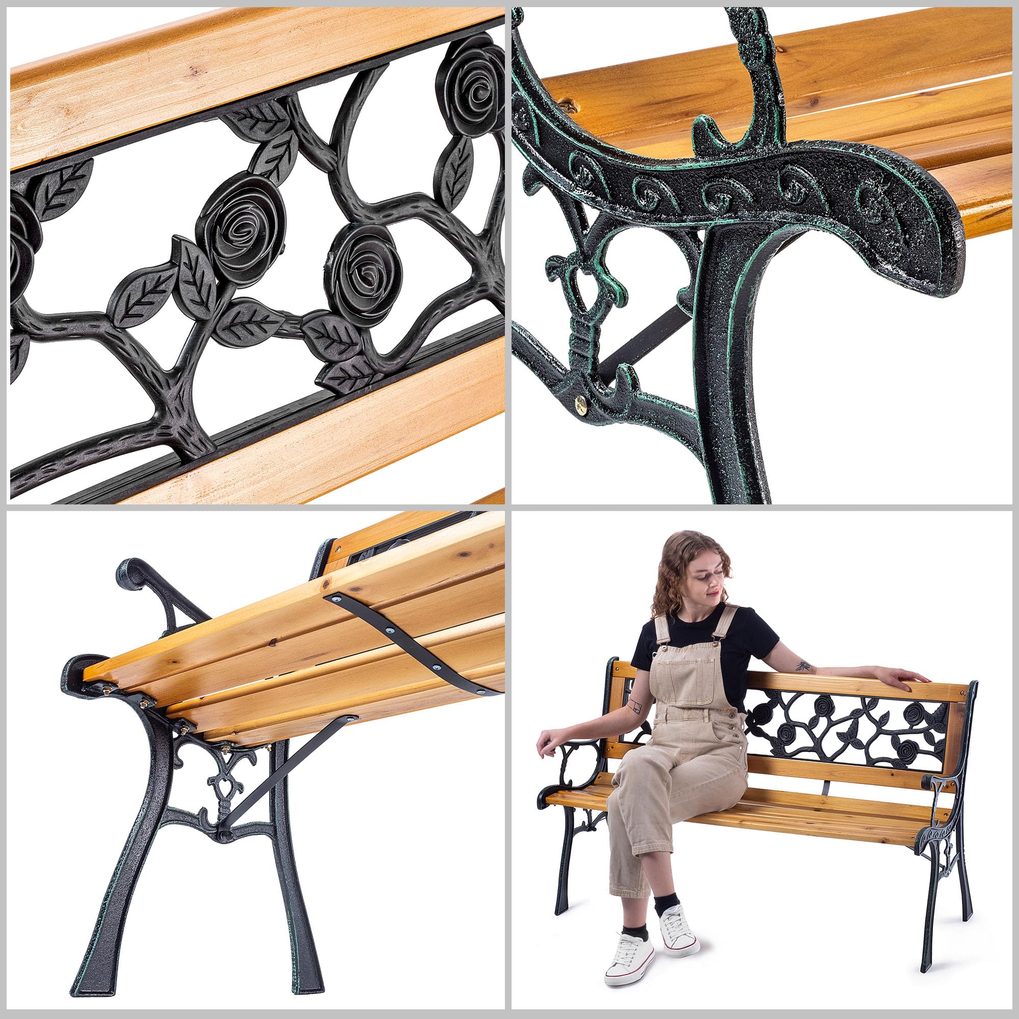 KADAX Banc de jardin en bois et fonte 2 places avec accoudoirs et dossier, banc de parc, banc extérieur pour balcon, jardin, terrasse (marron/motif rose)