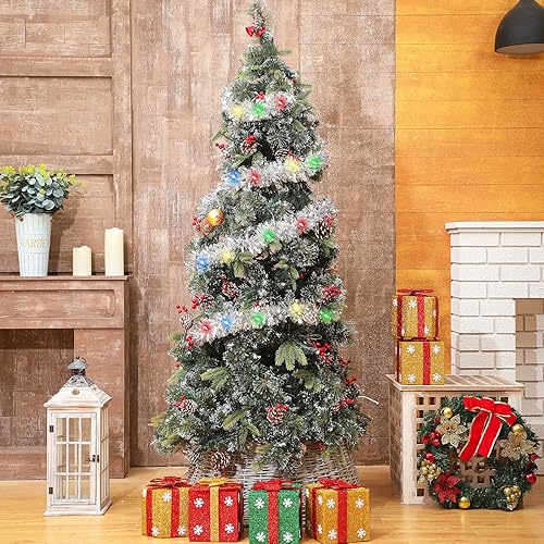 Miniatura 33 de Kingdder Guirnalda de oropel de Navidad de 16.4 pies iluminada metálica para decoración de árbol, funciona con pilas, 50 luces LED, guirnalda