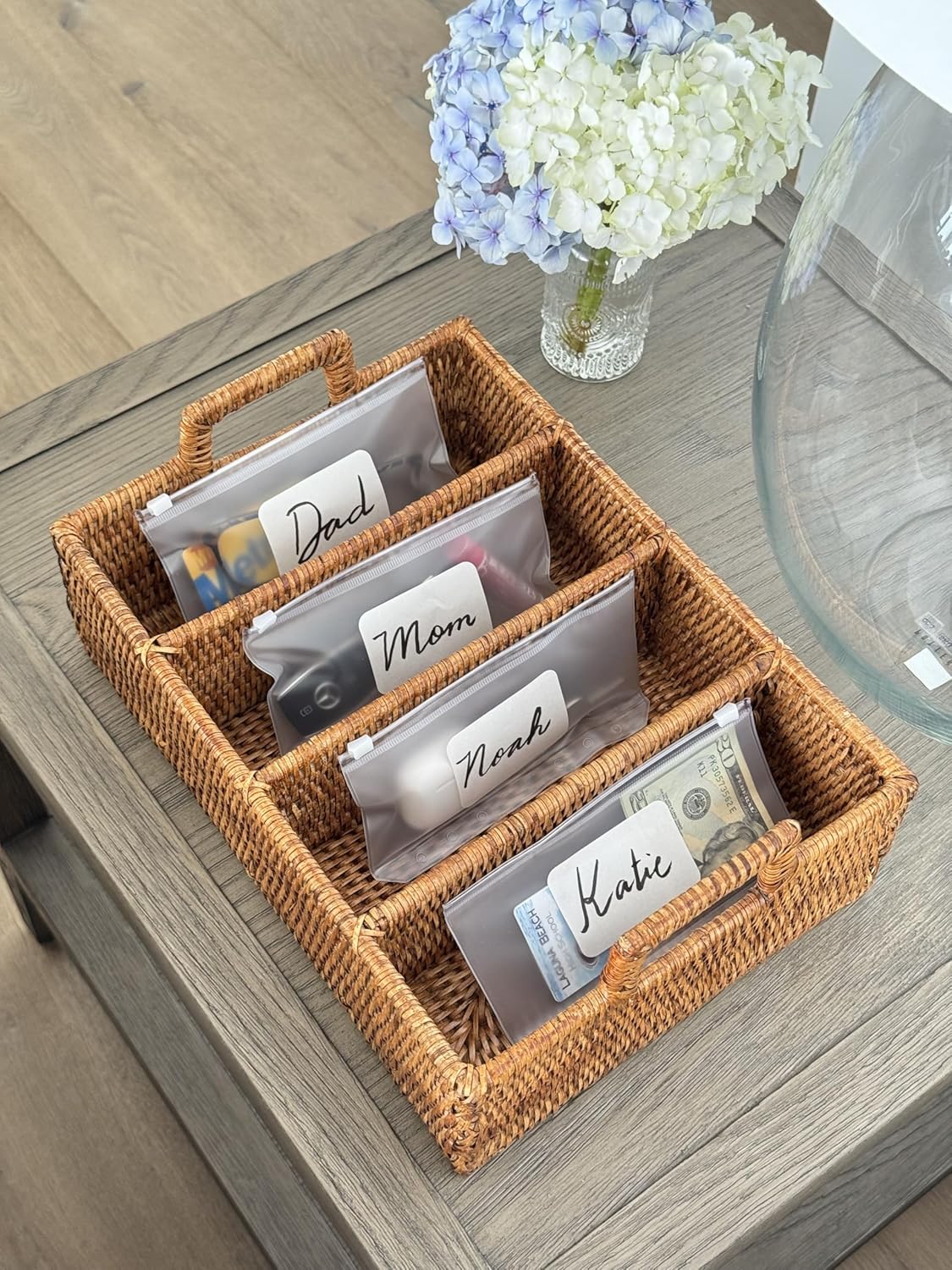 KOUBOO La Jolla Rattan Wicker Flatware Silverware Tray, Cutlery Drawer with Dividers, Utensil Drawer Organizing, Home Essentials Shelf Basket with 4 Sections, Medium, Honey Brown