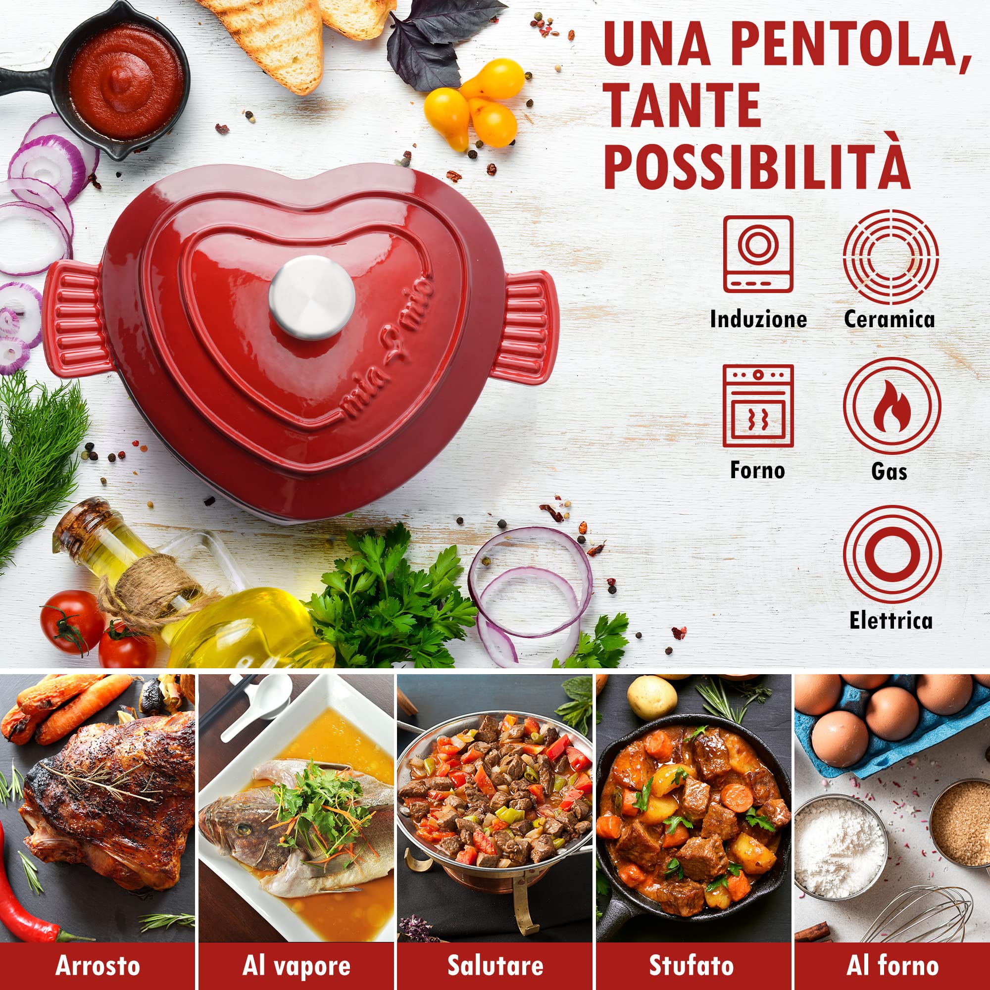 MIAMIO - Pentola Antiaderente Olandese in Ghisa Smaltata a Forma di Cuore/Regalo per Natale, Adatta a Tutti i Tipi di Calore (3 L, 24 cm)