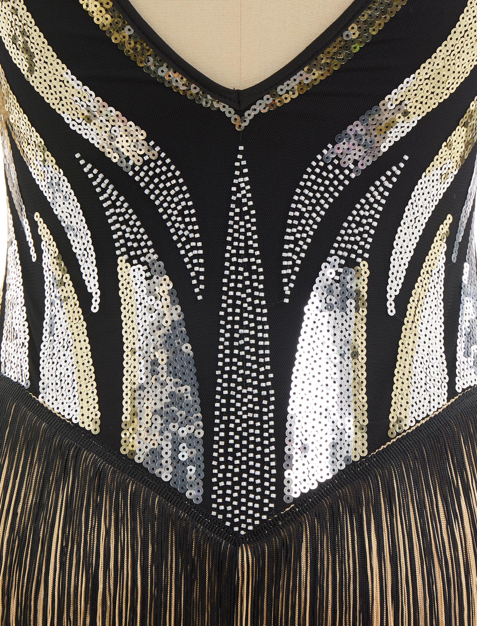 Salsa Latin Dance Kleid für Damen Pailletten Fransen Flapper Bodysuit 1920s Vintage Cocktail Jazz Akrobat Leotard Kostüm Gold XS
