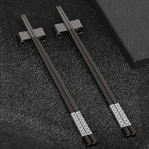 Miniatura 5 de Palillos de metal reutilizables, 2 pares de palillos chapados en titanio, acero inoxidable 188 con soporte, aptos para lavavajillas, ligeros, estilo