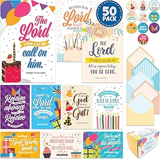 Decorably 50 Pack 4x6in Religious Birthday Cards for Women and Men with Envelopes and Stickers, 10 Folded Vibrant Designs for Friends, Family and Loved Ones with Printed Message - Gifting, Mailing