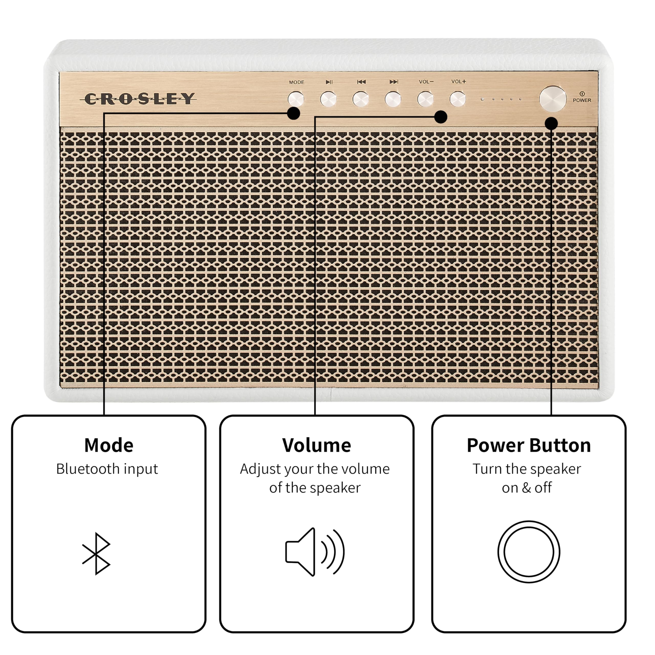 Crosley Montero Retro - Altavoz Bluetooth - Altavoz inalámbrico portátil, 20 W, Tiempo de reproducción de 8 Horas, Cargador USB, Color Blanco