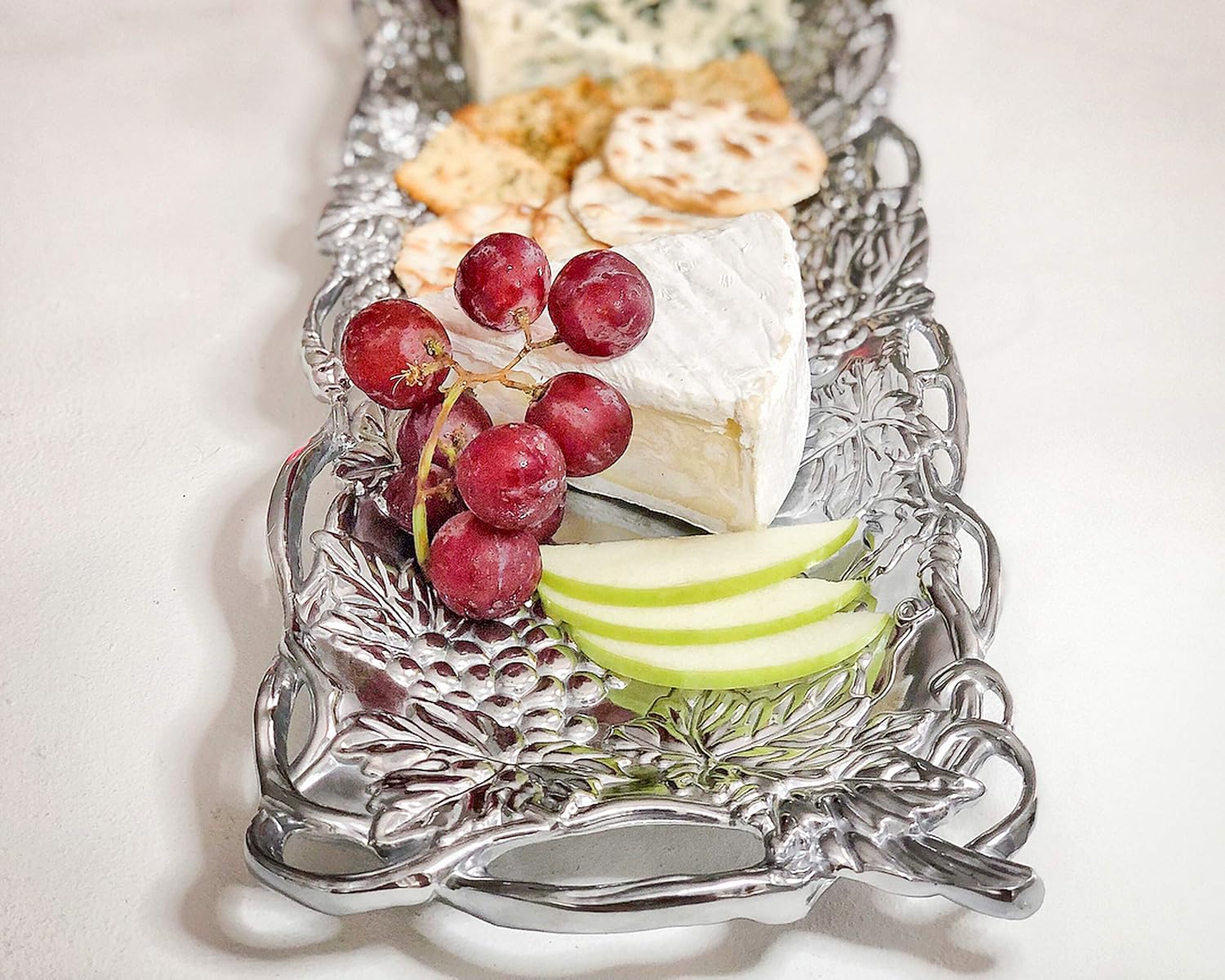 Elegant Mediterranean Polished Aluminum Oval Serving Tray with Grape Design