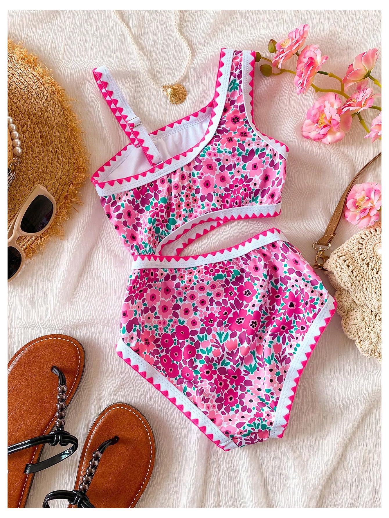 Floerns Einteiliger Badeanzug für Mädchen, Sommer, Blumenausschnitt, asymmetrischer Ausschnitt, Monokini