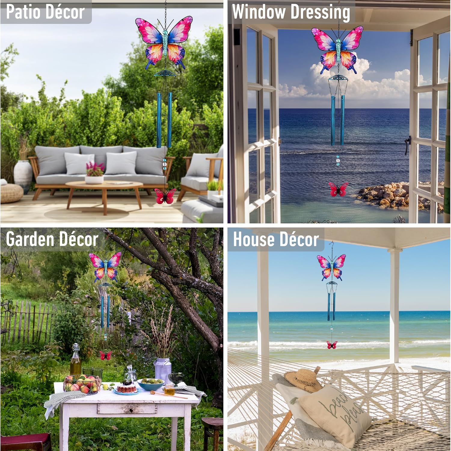 CoTa Global Magical Butterfly Wind Chime - Insect-Themed Metal Hanging Decor with Metallic Blue-Tone Tubes and Beaded Accents, Indoor Outdoor Porch Patio Garden Decoration - 32 Inches
