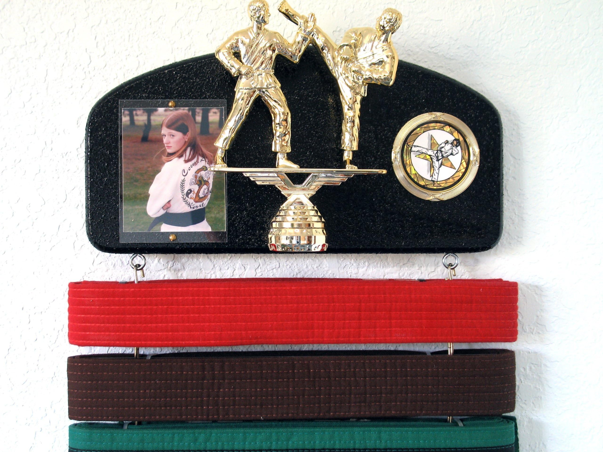 Martial Arts Belt Display. Expandable to Hold All Your Belts ! Double Sparring Trophy Style.