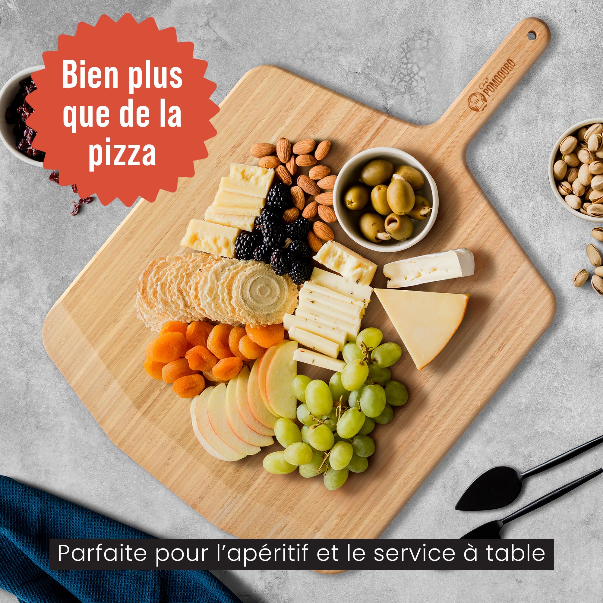Chef Pomodoro - Grande Pelle A Pizza En Bois de Bambou (41 cm) - Pelle Pizza et Planche à Découper, Préparer et Tranférer vos pizza et pains - Planche pizza Légère et Résistant, Convient aux fours
