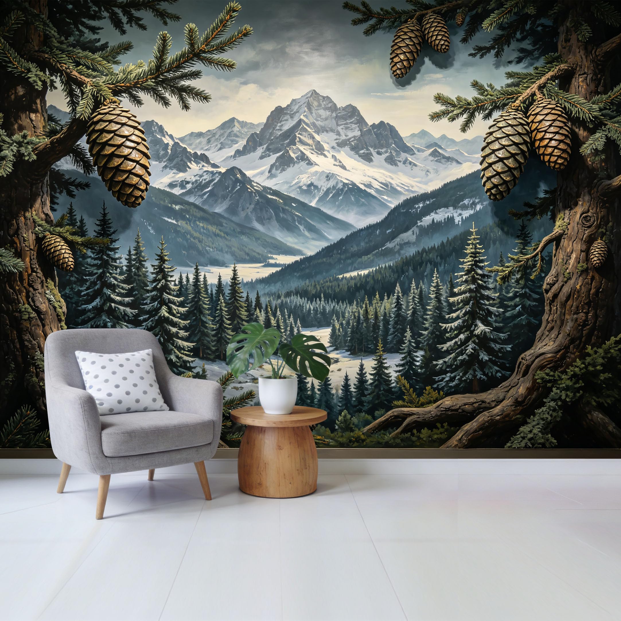 Qzlithotic Yq2605251226 Custom Size Wall Mural Majestic Snowy Mountain Forest Pine Cone View Oil Painting Style Selfadhesive Wall Fabric Removable Wallpaper For Home Office Decor