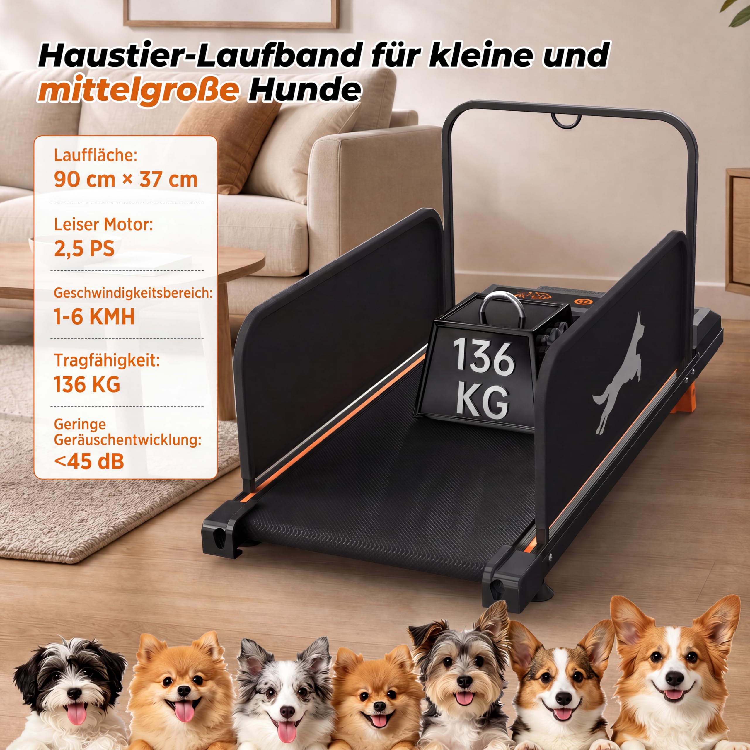 Hundelaufband für Kleine & Mittelgroße Hunde, 90 × 37.5 cm Laufbereich | Mit Fernbedienung, 1–6 km/h, Bis 100 kg, 2,5 PS Leiser Motor, 12 Programme, Haustier Trainingsgerät für Indoor Outdoor