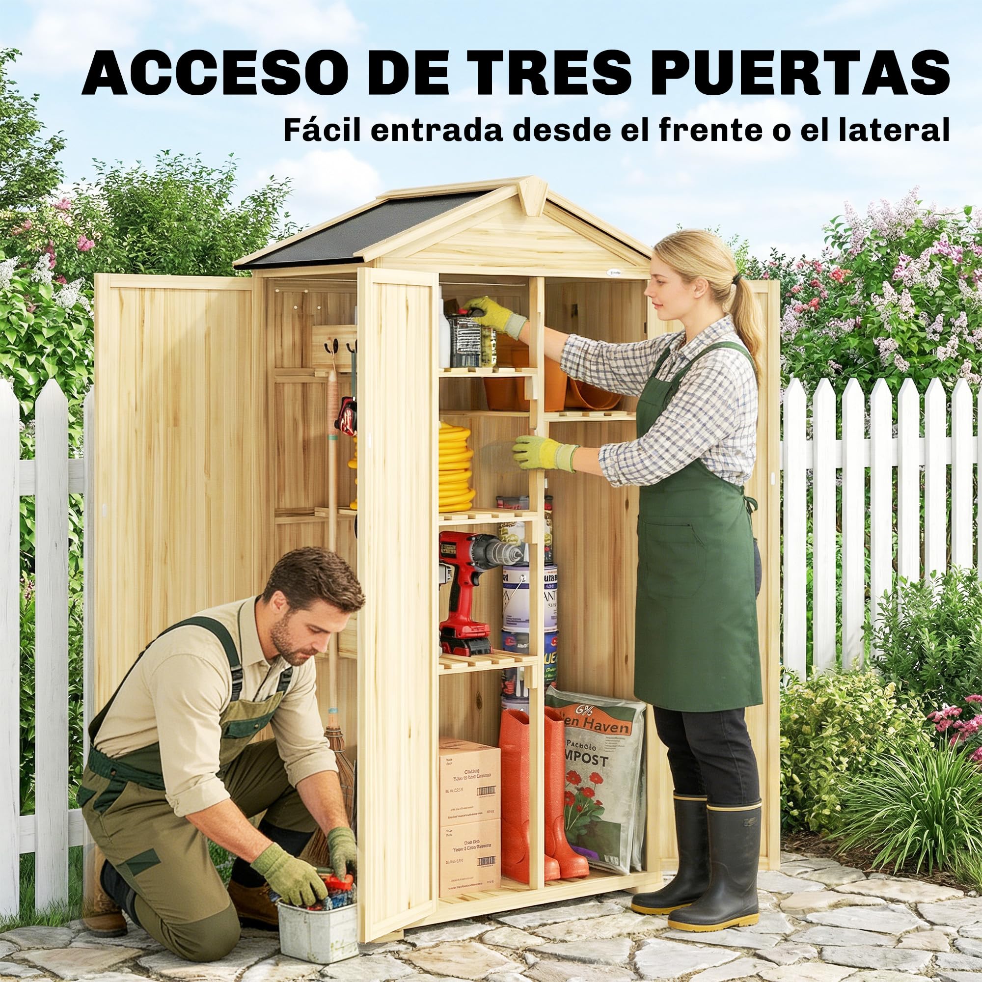 Outsunny Caseta de Jardín de Madera 93x53x168 cm 4 Estantes Madera Natural | Armario Exterior para Herramientas con Puertas Bloqueables, Techo Asfáltico Inclinado y Ganchos