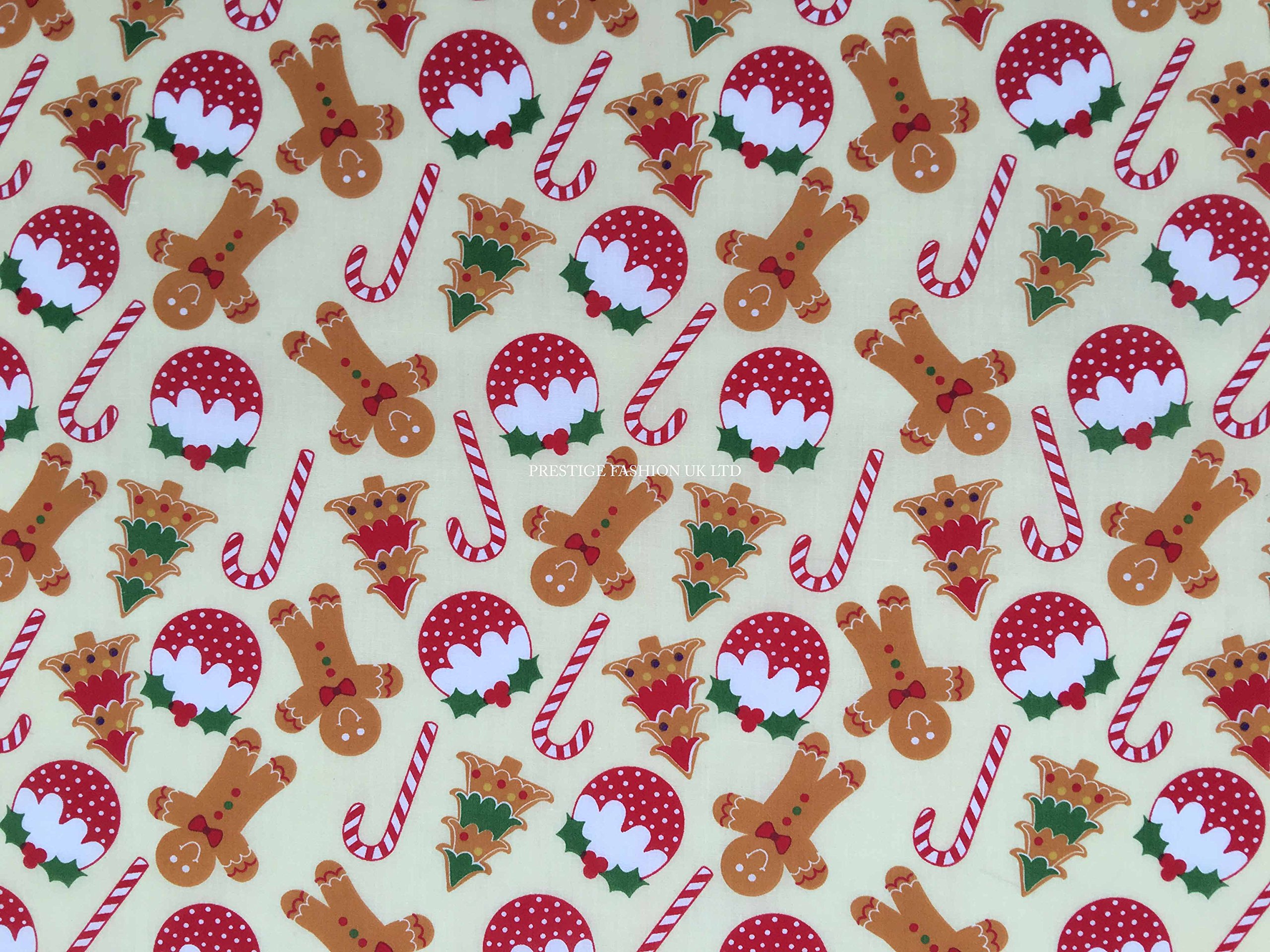 PRESTIGE FASHION Christmas polycotton fabrics (Gingerbread man/Candies/XMAS Pudding) crafts quilting dress fabric runners fabric - by the METRE