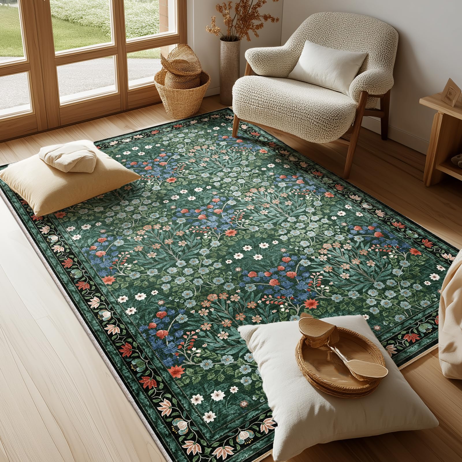 Dark Green 4x6 Washable Area Rug, Ultra Soft Non-Slip Stain Resistant, Floral Distressed Design for Living Room, Bedroom, Large Entryway &amp; Kitchen