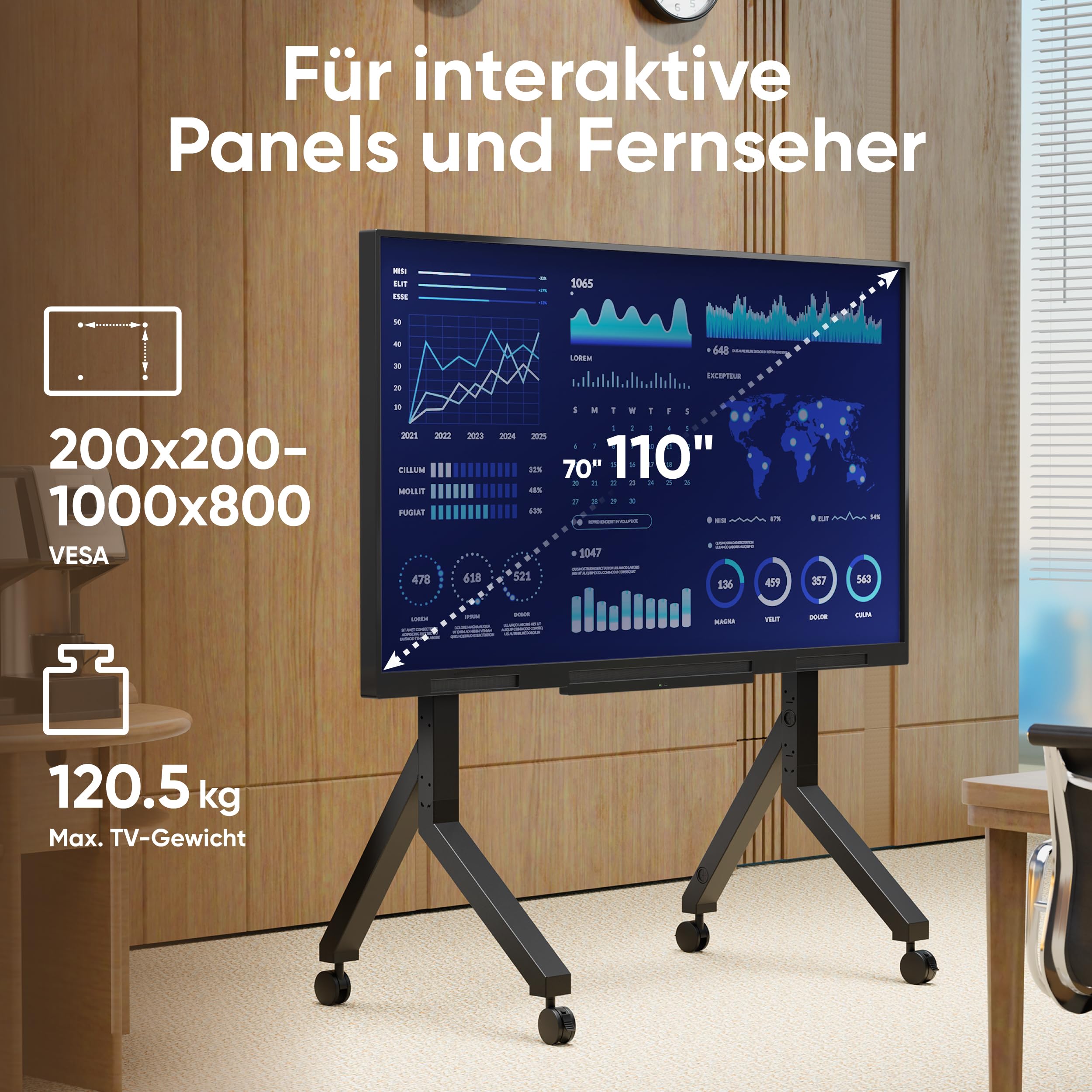 ONKRON TV Ständer rollbar für 70-110 Zoll Fernseher, max Belastung 125 kg, Fernseher Rollwagen mit Ablage, TV Standfuss VESA 200x200-1000x800, mobiler Fernsehständer mit Rollen Schwarz TS2081-B