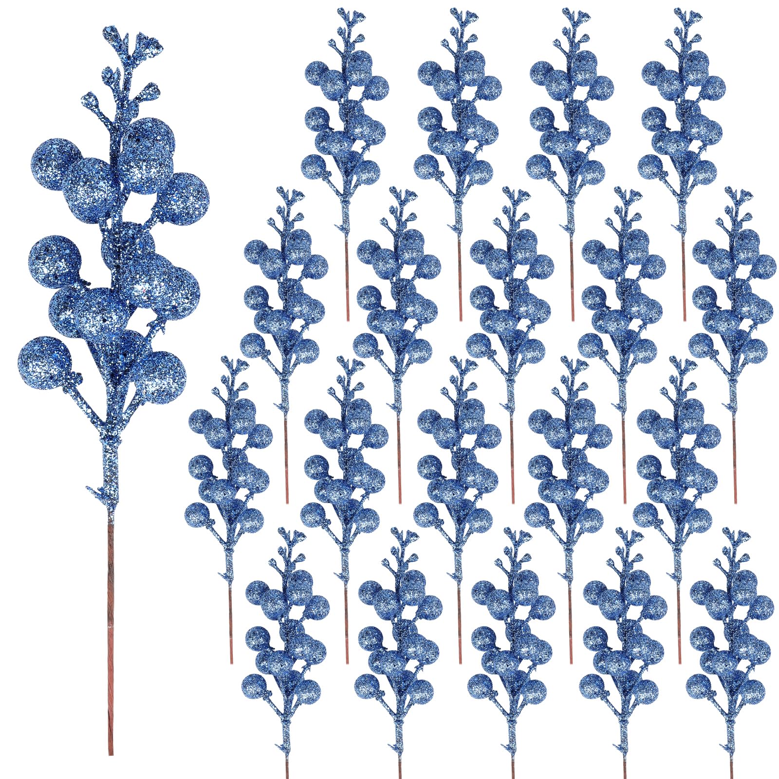 24 Pack Glitter Blue Berry Stems 19cm Artificial Glitter Blue Berry Picks Holly Berries Branches Christmas Berry Stem Picks for Christmas Tree DIY Crafts Wedding Holiday Season Winter Home Decoration