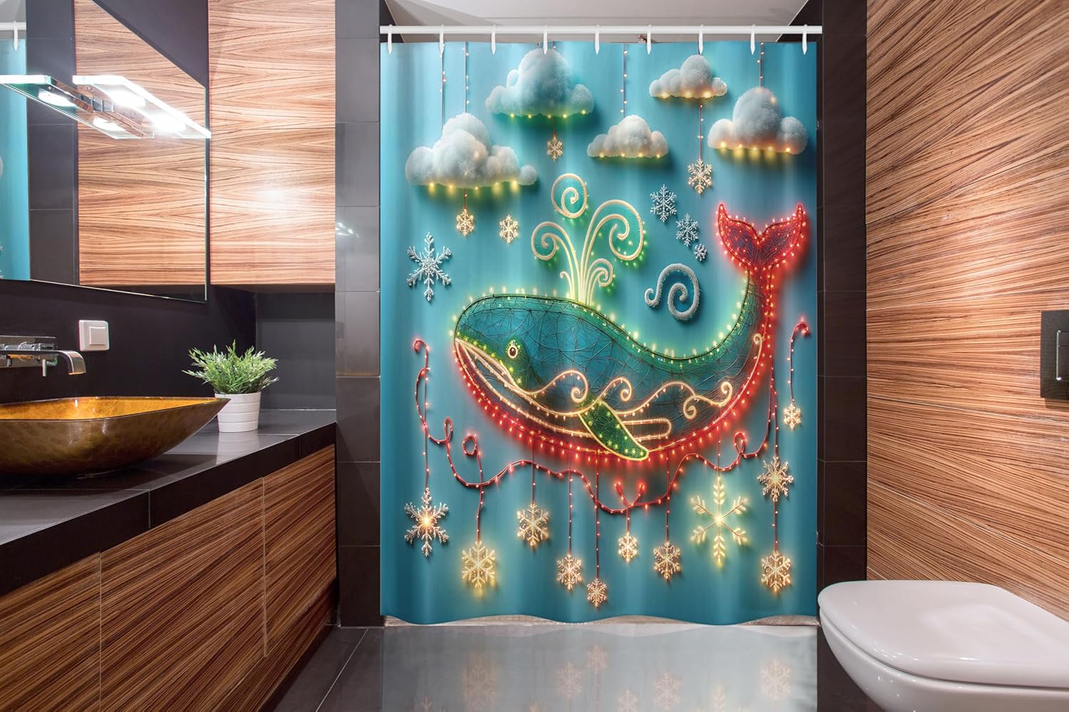 Ambesonne Christmas Stall Shower Curtain, Merry Xmas Theme with Realistic Motifs Print Whale and Clouds, Fabric Bathroom Decor Set with Hooks, 54" W x 78" L, Cream Sea Blue and Vermilion