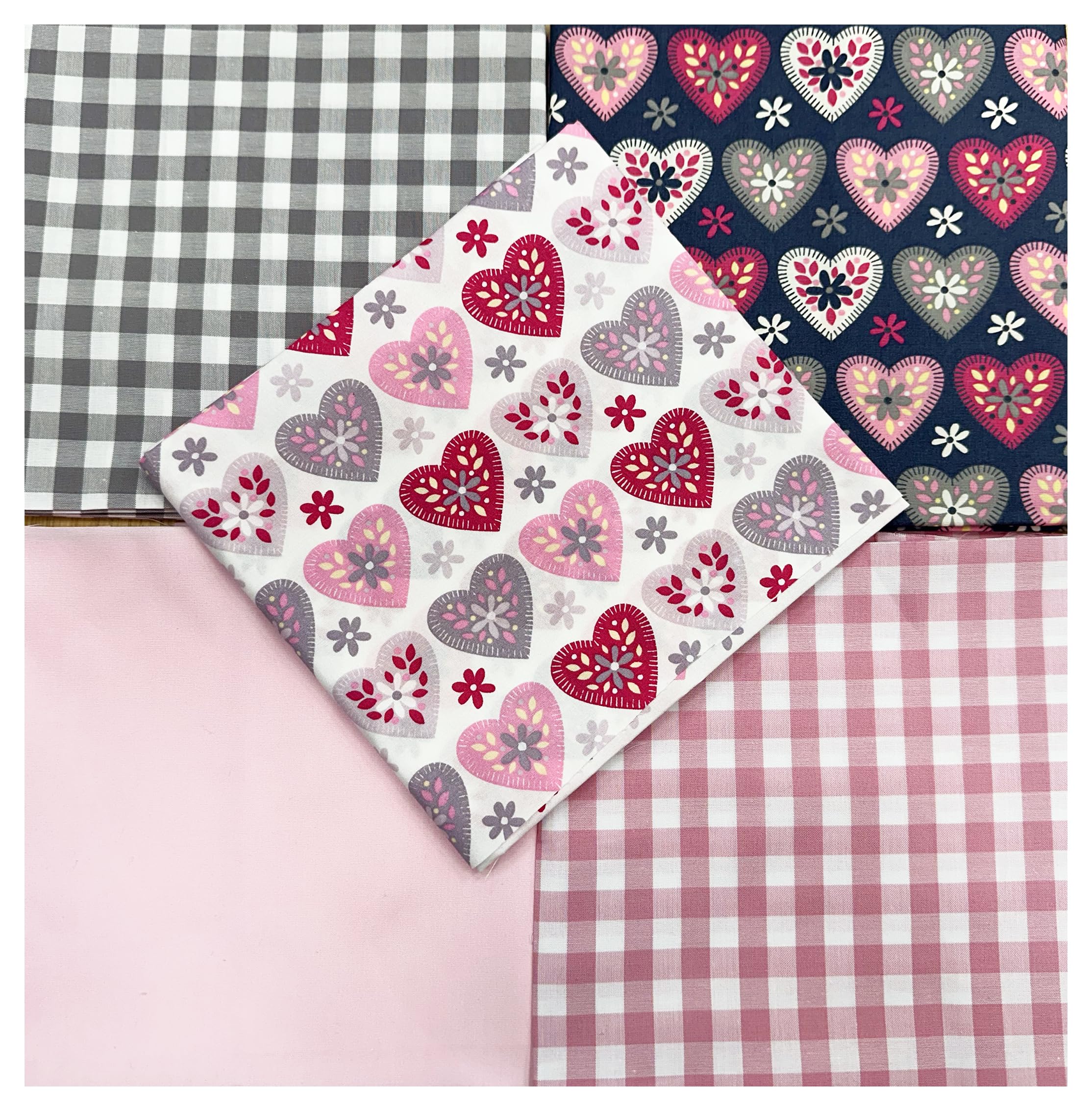 Fabric Bundle - Baby Pink & Grey Love Heart Gingham Check - Bunting Craft Fabric Material