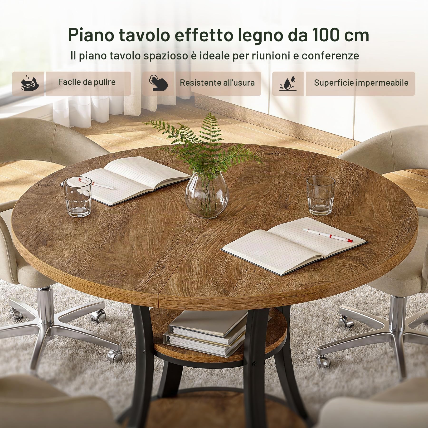 Tribesigns Tavolo da pranzo rotondo da 100 cm per 4 persone, tavolo da cucina con scaffale a 2 livelli, salvaspazio, stile rustico per sala da pranzo e piccoli spazi (solo tavolo)