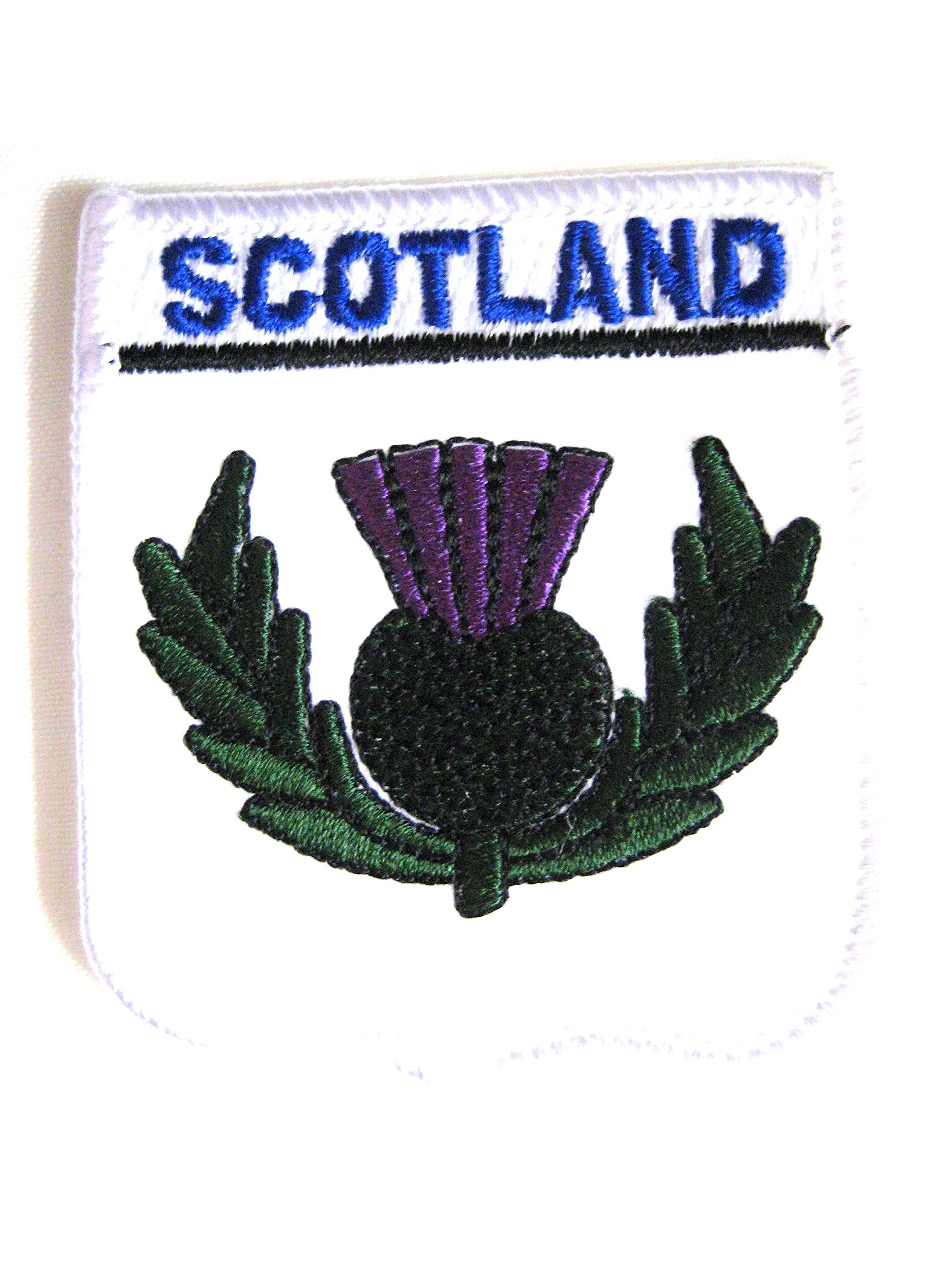 Scottish Thistle 'Scotland' White Shield Embroidered Iron-On Patch - Souvenir Made in Scotland