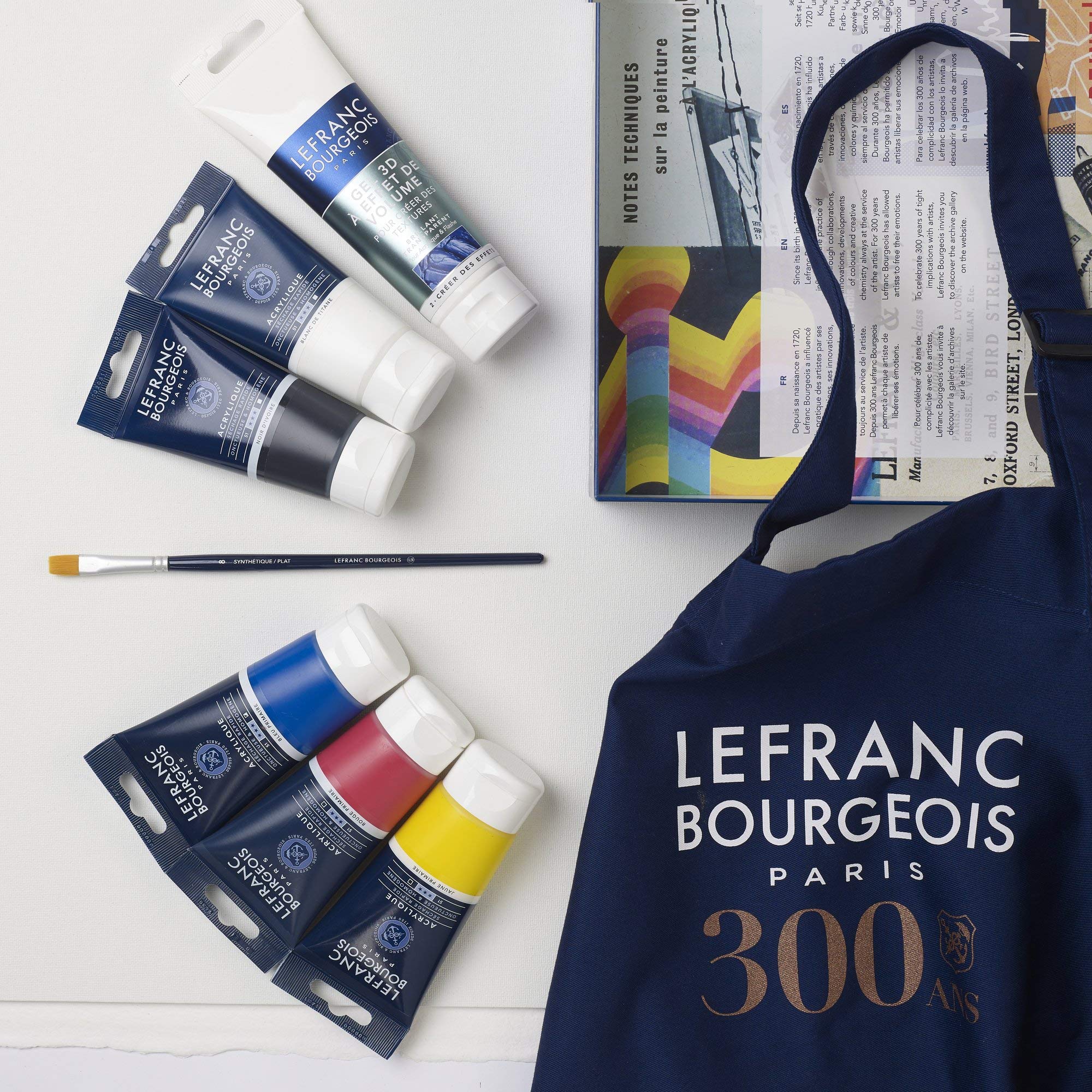 Lefranc Bourgeois Set de pintura acrílica, Multicolor, 5 tubos x80ml + 1 gel x 120 ml + 1 pincel + 1 delantal