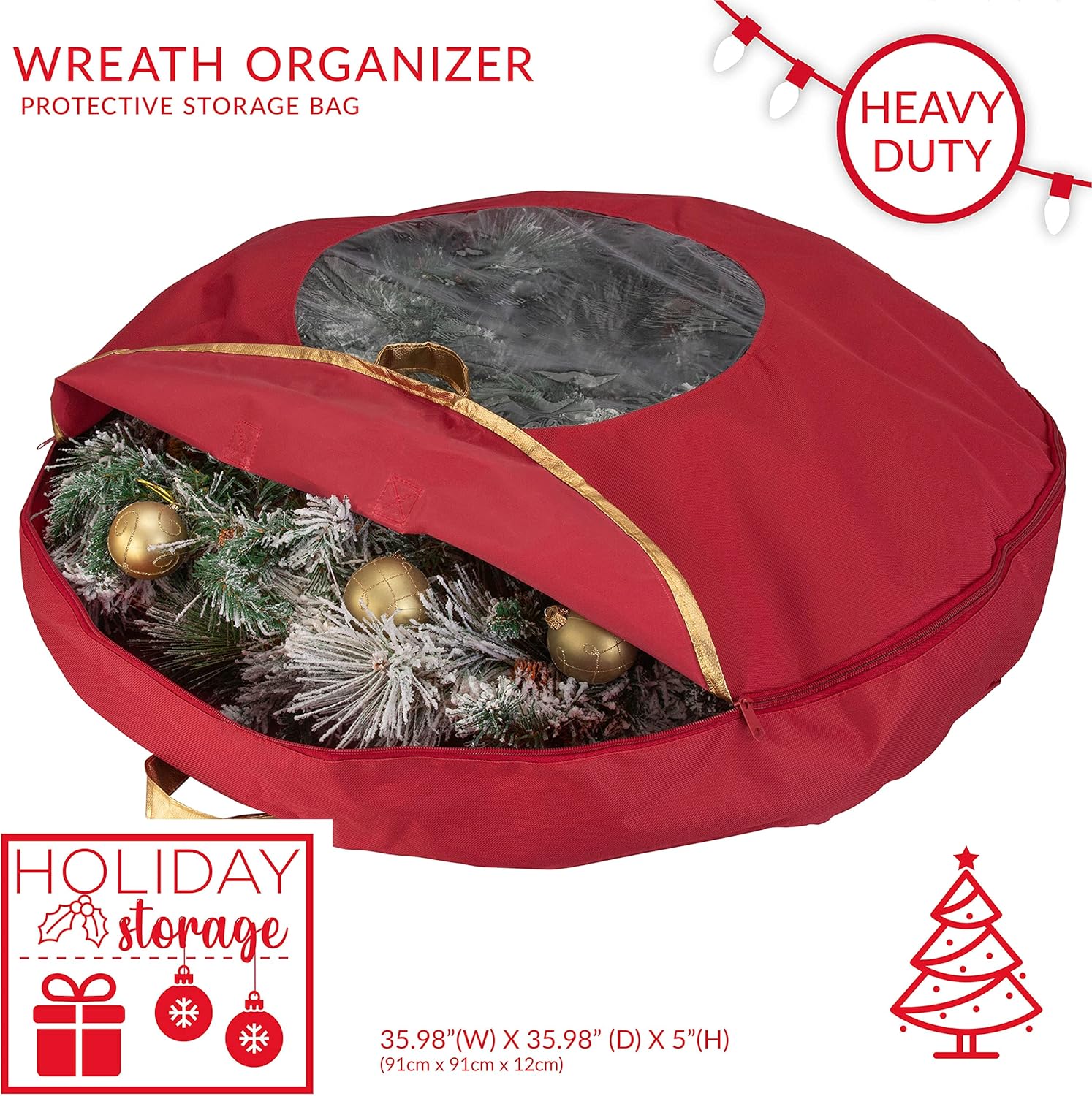 Simplify 36 Inch Wreath Bag | Christmas Storage | Holiday Decorations | Round Zippered Bag | Protects Wreathes | Heavy Duty | Collapsible | Red