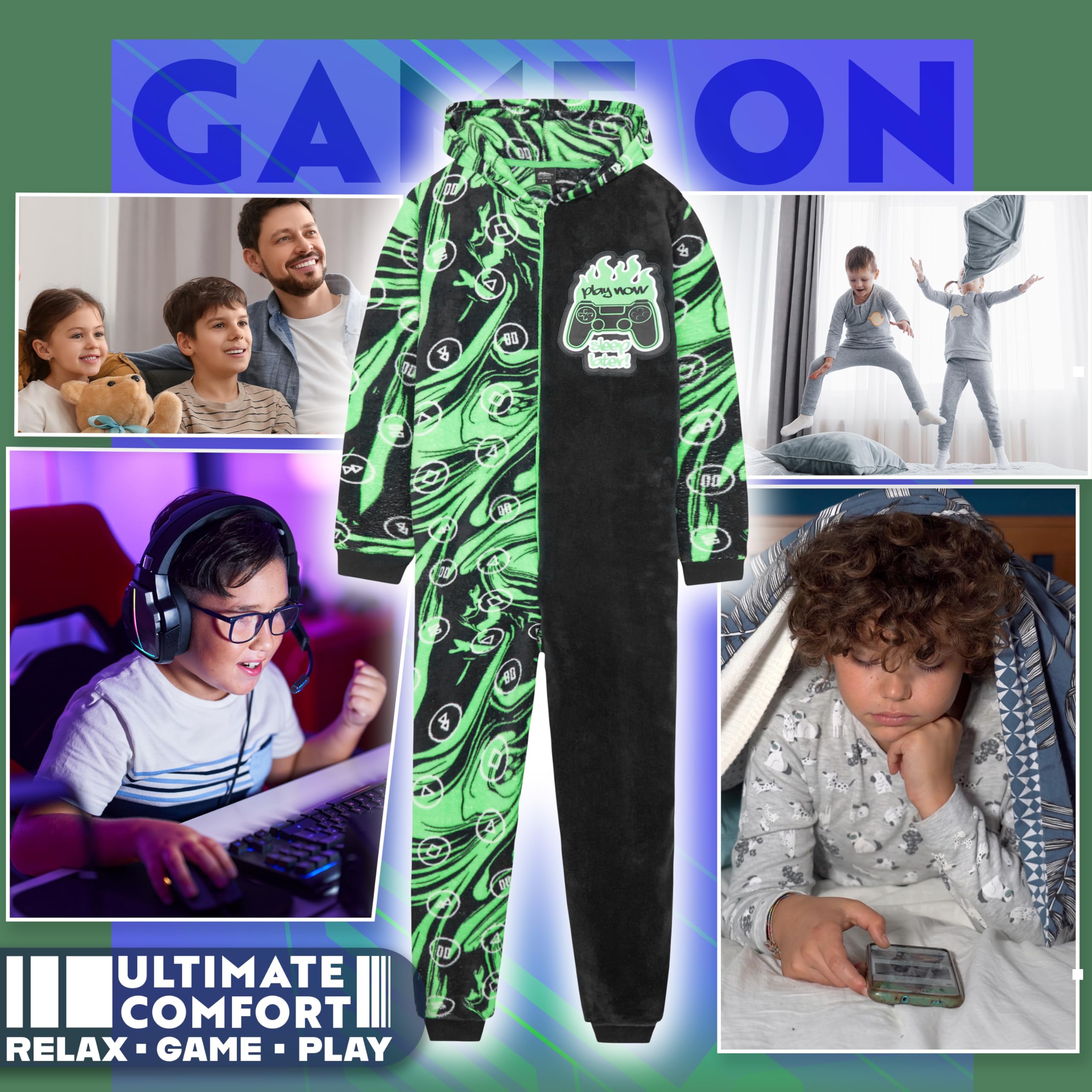 Get Trend Grenouillère Polaire Garçon et Ado, Pyjama Chaud à Capuche, Tenue Cocooning Football ou Gaming, Idée Cadeau