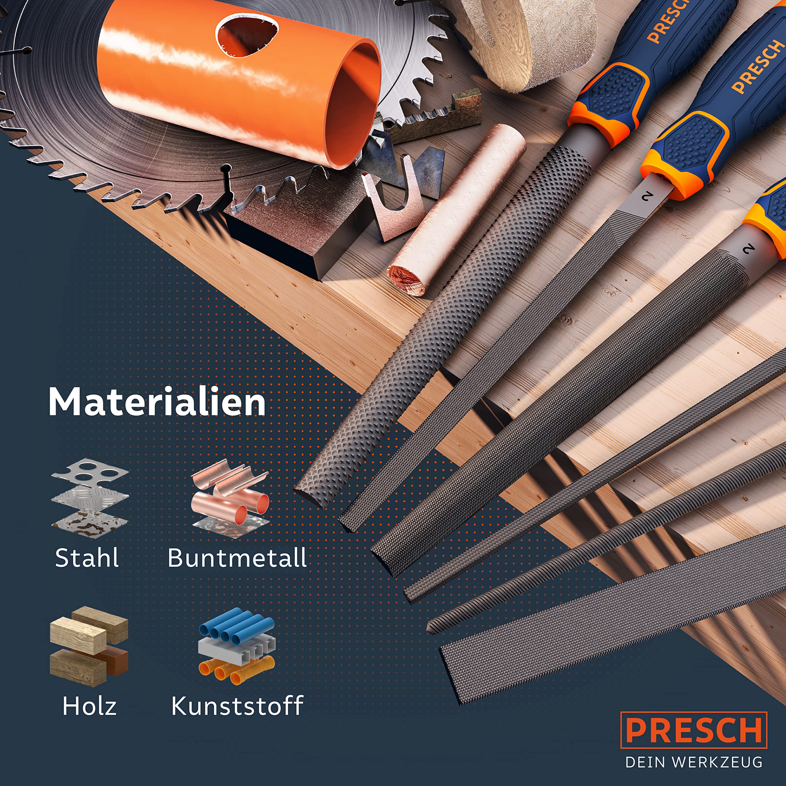 Presch Feilenset Metall und Holz 6tlg. inkl Rolltasche - Hochwertiges Profi Feilen Set mit Hieb 2 inkl. Halbrundraspel, Flachstumpffeile, Halbrundfeile, Rundfeile, Dreikantfeile und Vierkantfeile