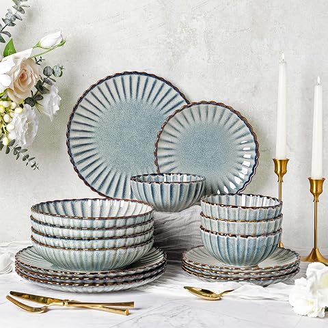 GBHOME 24-teiliges Tafelservice mit reaktiver Glasur, handgefertigte geprägte Teller und Schüsseln, spülmaschinen- und mikrowellengeeignetes Steingut-Set für 6 Per