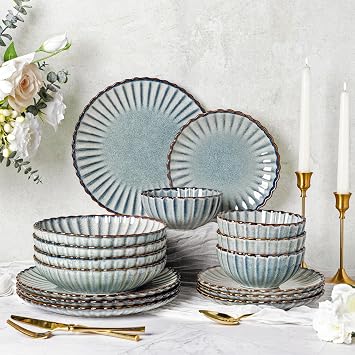 GBHOME Dinner Set for 6, 24 Piece Stoneware Set - Handcrafted Embossed Plates & Bowls, Reactive Glaze, Dishwasher and Microwave Safe Crockery Set
