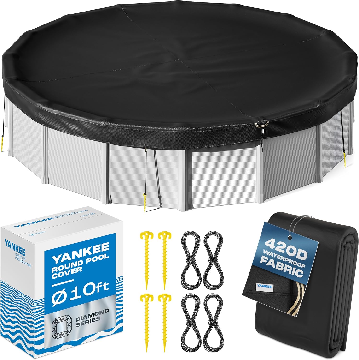 Yankee Diamond Series Pool Covers for Above Ground Pools | All-Weather, Windproof, Light 10ft Round Pool Cover w/ 4 Screw-In Pegs, 4 Ropes | 3 Mounting Methods, Strong Fastenings for Triple Protection 10 Ft